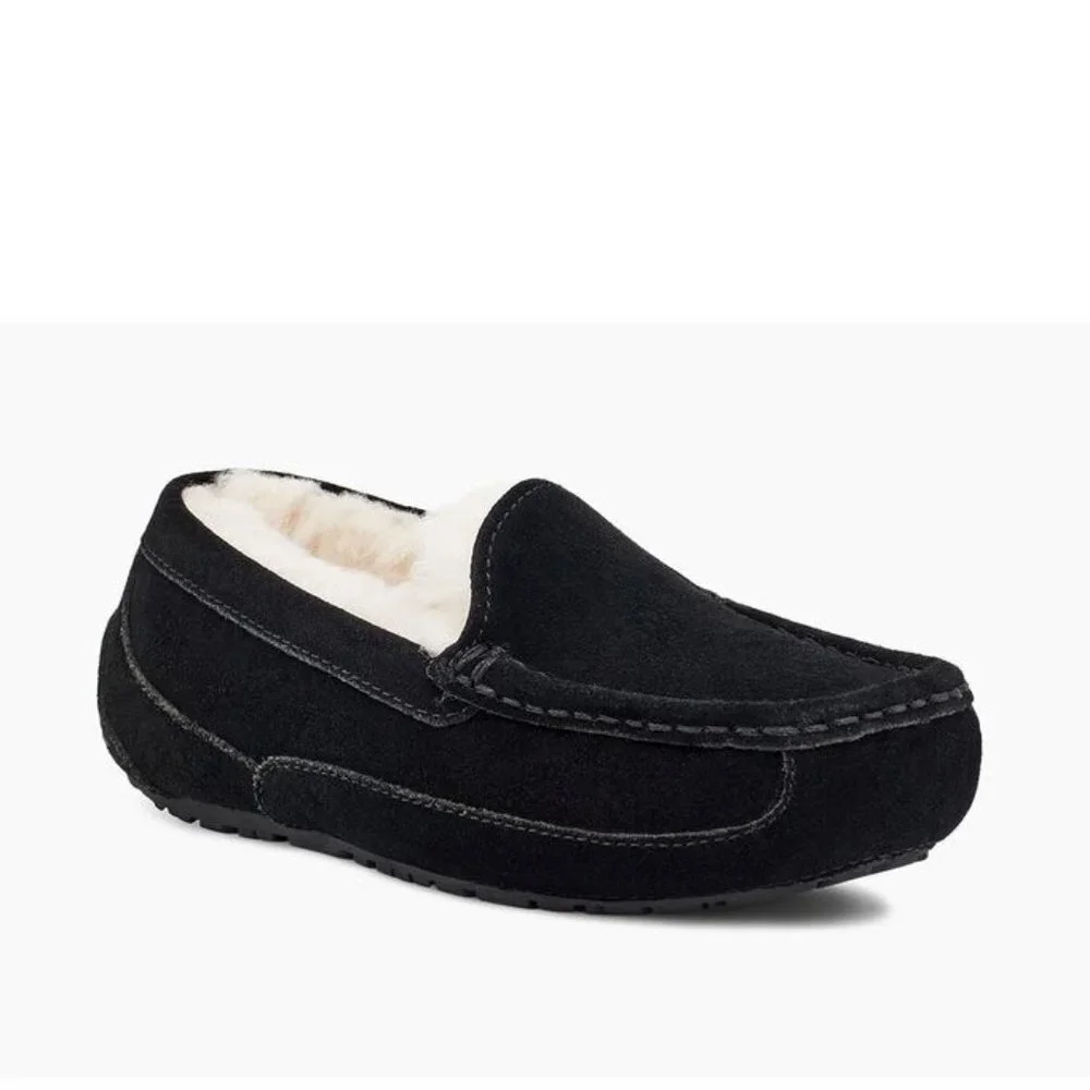 UGG Kids Black Suede Moccasin Slippers with Cream Shearling Lining